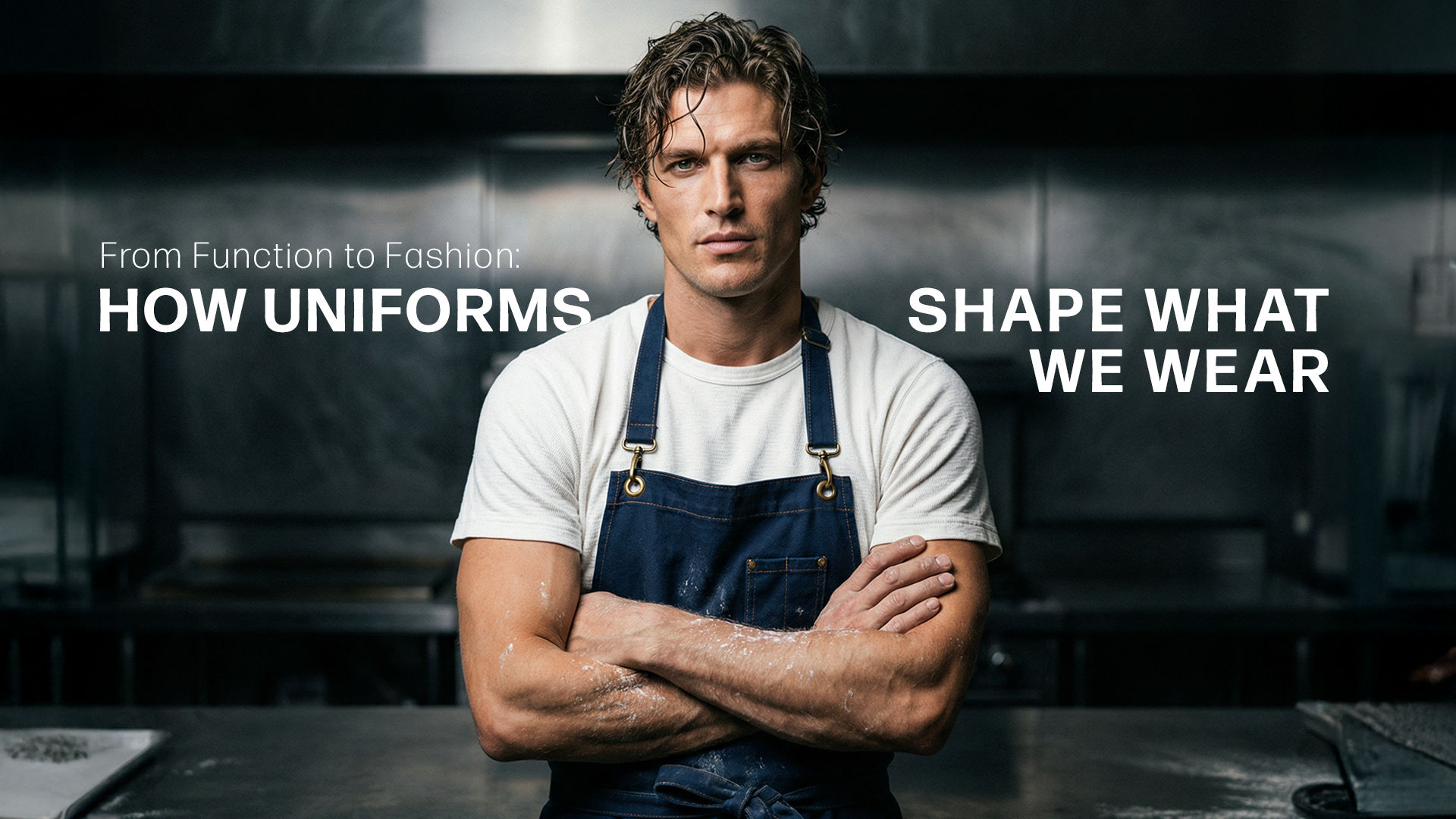 Professional chef in a navy canvas apron, showcasing modern luxury culinary uniforms in a commercial kitchen