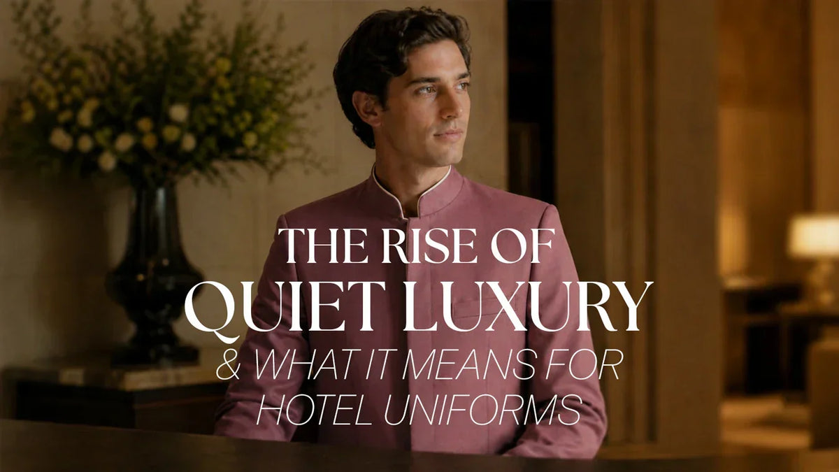 Hotel front desk staff wearing a muted rose mandarin collar uniform jacket quiet luxury hospitality design