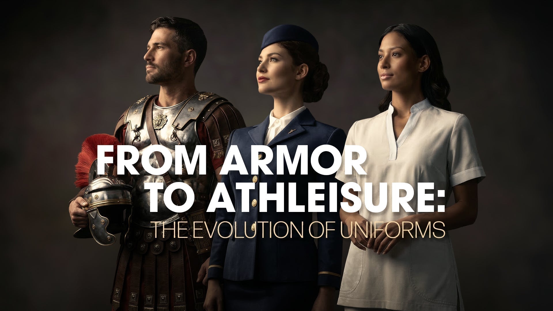 Uniform evolution: from Roman armor and vintage flight attendant suit to modern athleisure workwear.